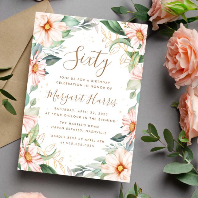 Convite Eucalyptus Peach Dourado Floral 60º Sessenta Anive (Criador carregado)