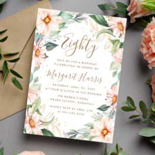 Convite Eucalyptus Peach Dourado Floral 80 Oitava Aniversá