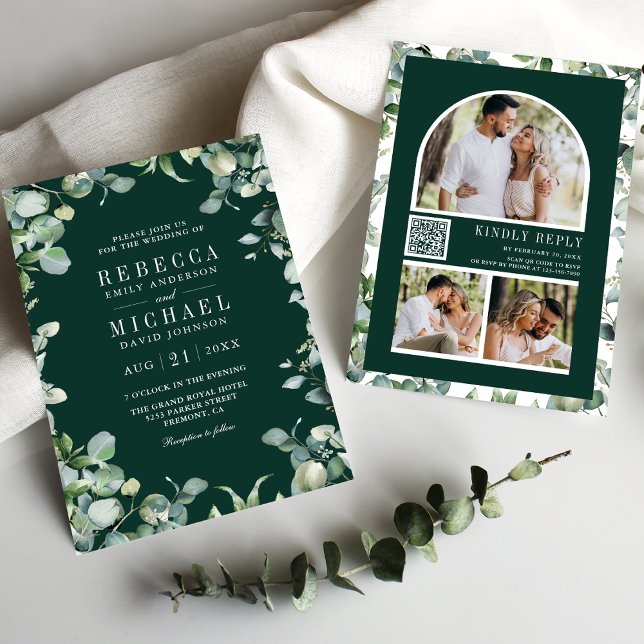 Convite Eucalyptus Photo Collage QR Code Emerald Wedding (Criador carregado)