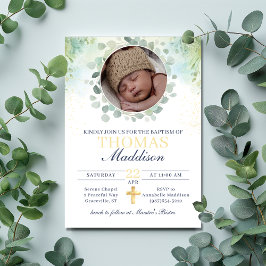 Convite Eucalyptus Photo Cross Watercolor Baptism