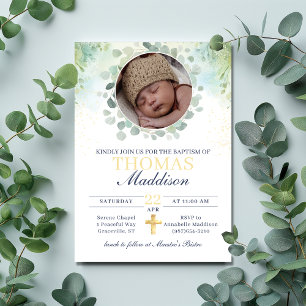 Convite Eucalyptus Photo Cross Watercolor Baptism