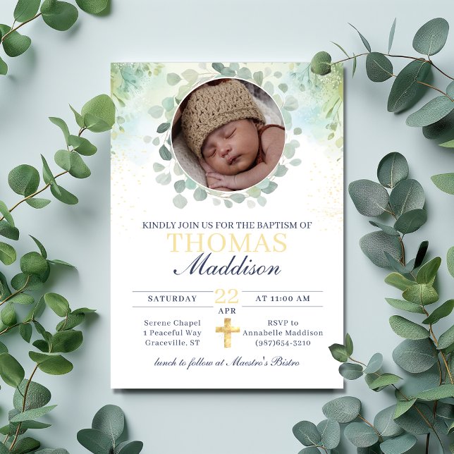Convite Eucalyptus Photo Cross Watercolor Baptism (Criador carregado)