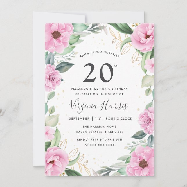 Convite Eucalyptus Pink Floral Vinte 20 Aniversário (Frente)
