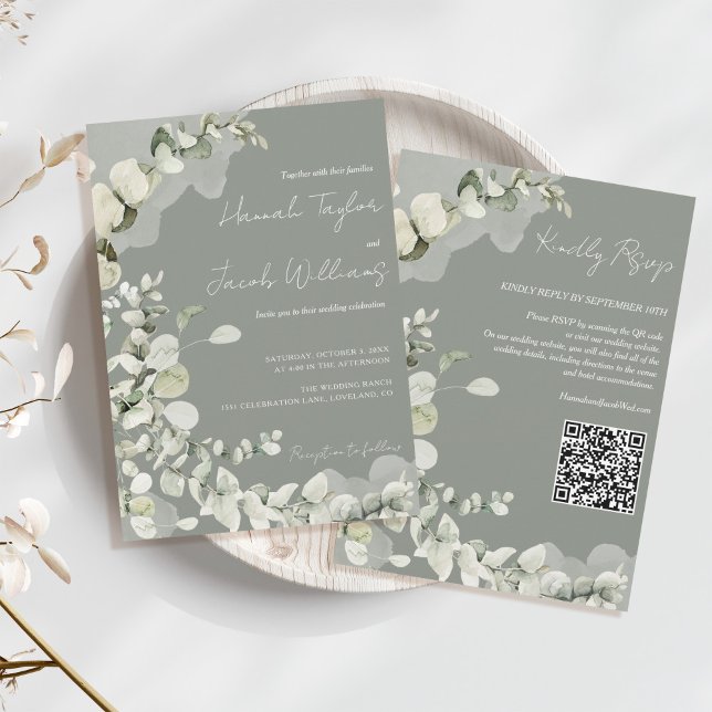 Convite Eucalyptus QR Code Wedding Sage Green (qr code wedding invitation sage green eucalyptus
)