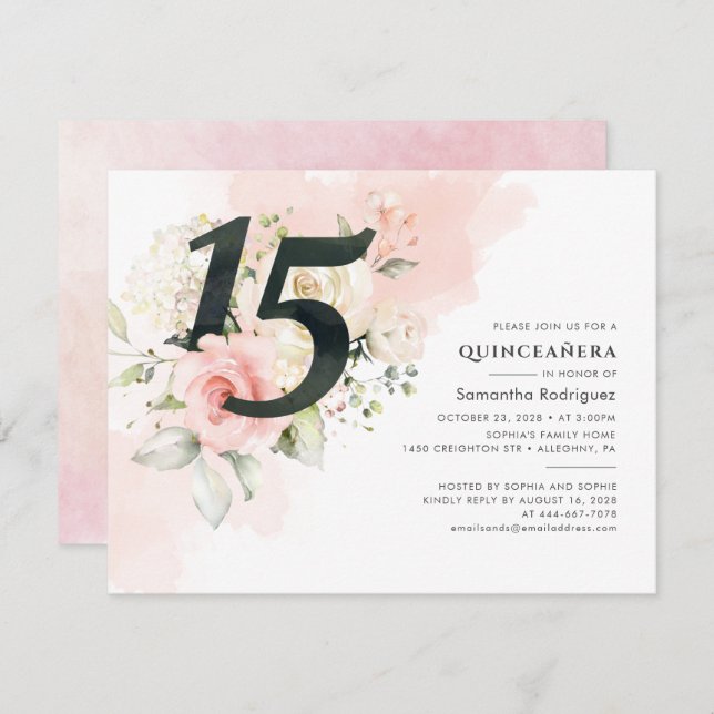 Convite Eucalyptus Quinceanera 15 Aniversário, cor-de-rosa (Frente/Verso)