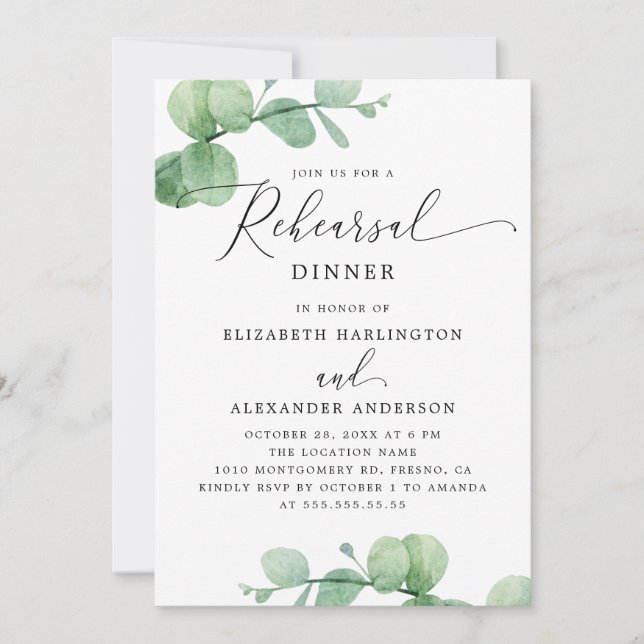 Convite Eucalyptus Rehearsal Dinner. Elegant Script Garden (Frente)