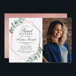 Convite Eucalyptus Rosa Dourado Geométrico Dezesseis Foto<br><div class="desc">Celebre em estilo com estes na moda e doces convites de 16 anos. Esta design é fácil de personalizar com a sua redação e fotografia de eventos especiais e os seus convidados ficarão entusiasmados quando receberem estes convites fabulosos.</div>