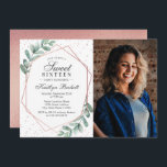 Convite Eucalyptus Rosa Dourado Geométrico Dezesseis Foto<br><div class="desc">Celebre em estilo com estes na moda e doces convites de 16 anos. Esta design é fácil de personalizar com a sua redação e fotografia de eventos especiais e os seus convidados ficarão entusiasmados quando receberem estes convites fabulosos.</div>