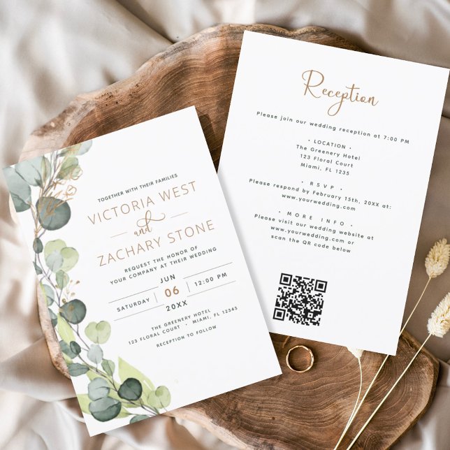 Convite Eucalyptus Rustic All In One QR Code Casamento (Criador carregado)