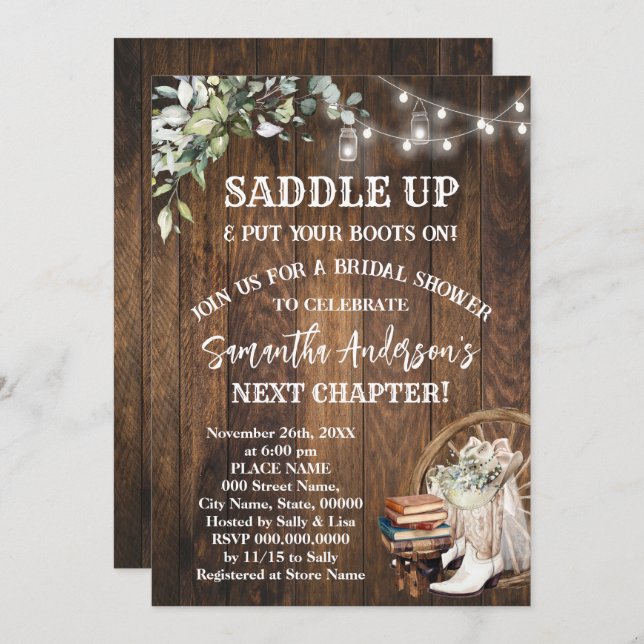 Convite Eucalyptus Saddle Up Boots & Books Bridal Shower (Frente/Verso)