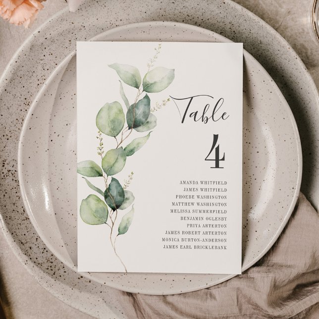 Convite Eucalyptus Sai Da Tabela Número 4. (Eucalyptus Script Wedding Table Number Card)