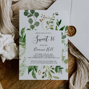 Convite Eucalyptus Simple Floral Sweet 16 Festa de anivers