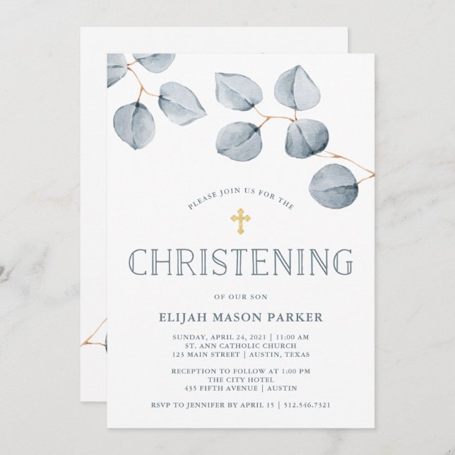 Convite Eucalyptus Simplicity | Christening com Cross (Frente/Verso)