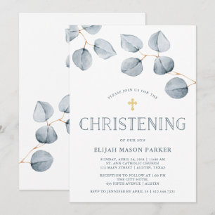 Convite Eucalyptus Simplicity   Christening com Cross