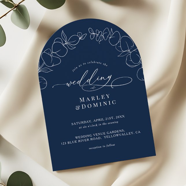 Convite Eucalyptus Springs Script Navy Blue Arch Wedding (Criador carregado)