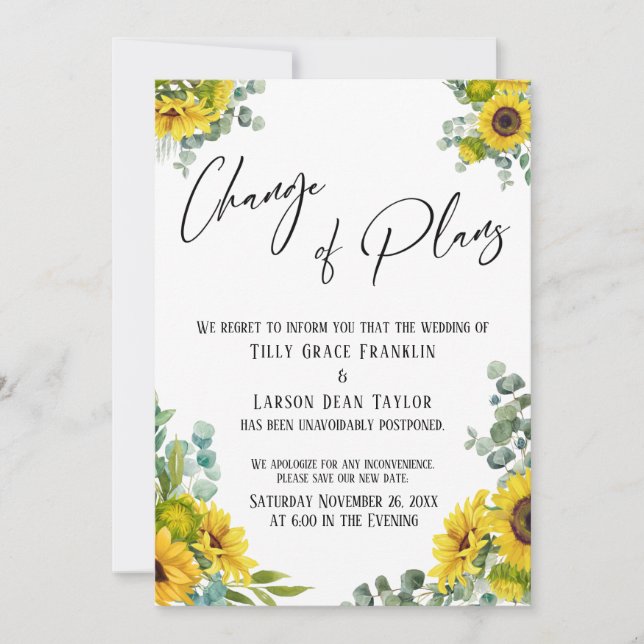 Convite Eucalyptus Sunflower Change of Plan Wedcard (Frente)