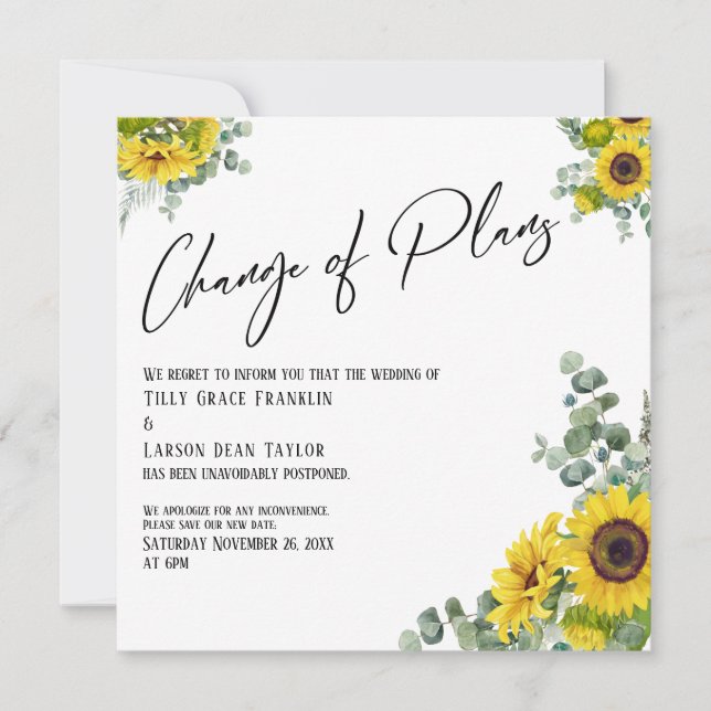 Convite Eucalyptus Sunflower Change of Plan Wedcard (Frente)
