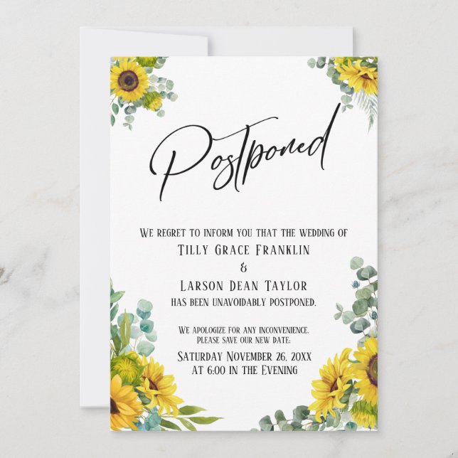 Convite Eucalyptus Sunflower Postpond Wedding Card (Frente)