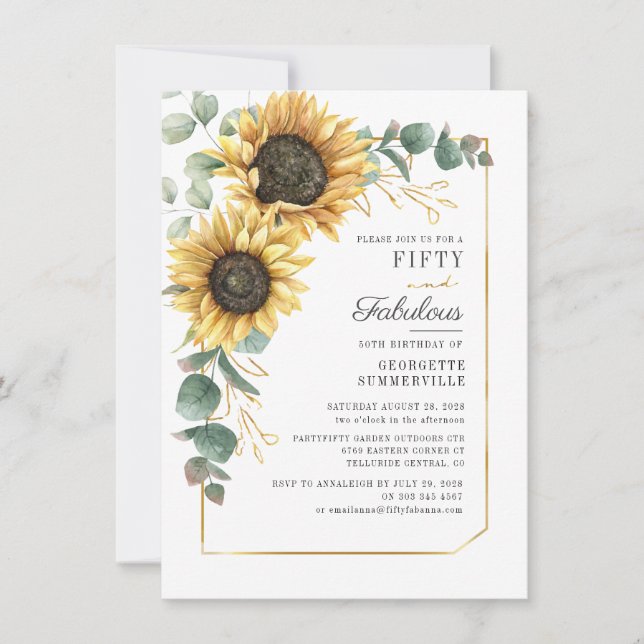 Convite Eucalyptus Sunflower Script 50th Birthday (Frente)