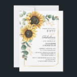 Convite Eucalyptus Sunflower Script 50th Birthday<br><div class="desc">Girassol Eucalyptus Floral Script Geométrico 50º Convite de aniversário,  com flores quic modernas e verde com quadro geométrico.</div>