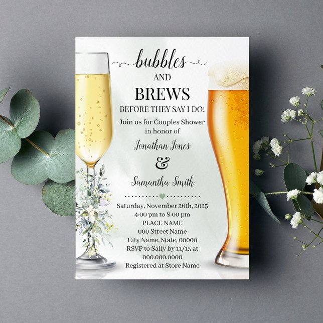 Convite Eucalyptus verde-bolhas e cria chá (Eucalyptus Greenery Bubbles and Brews Couples shower invitation Champagne & Beers Greenery Wedding)