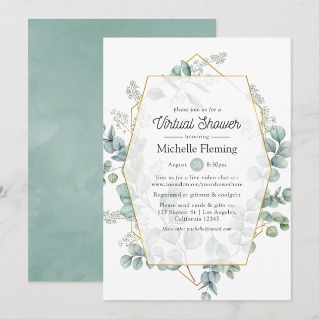 Convite Eucalyptus Virtual Baby ou Chá de panela Geométric (Frente/Verso)