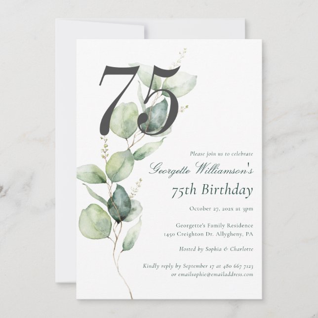 Convite Eucalyptus Watercolor 75th Birthday Script (Frente)