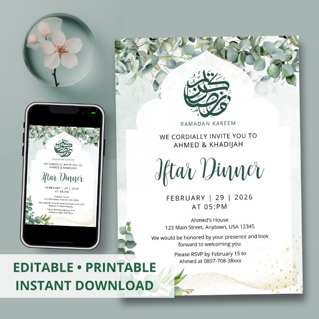 Convite Eucalyptus Watercolor Arch Ramadan Iftar Dinner (Criador carregado)