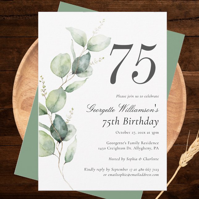Convite Eucalyptus Watercolor Script 75º Aniversário (Eucalyptus Minimalist 75th Birthday Party Invitation)