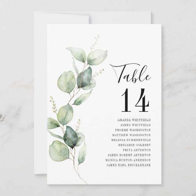 Convite Eucalyptus Watercolor Table Number Wedding Seating (Frente)