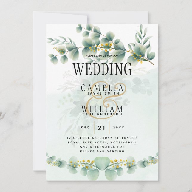Convite Eucalyptus Wedding Invitation Modern Greenery Dour (Frente)