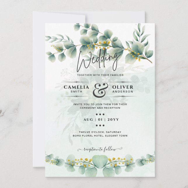 Convite Eucalyptus Wedding Invitation Modern Greenery Dour (Frente)