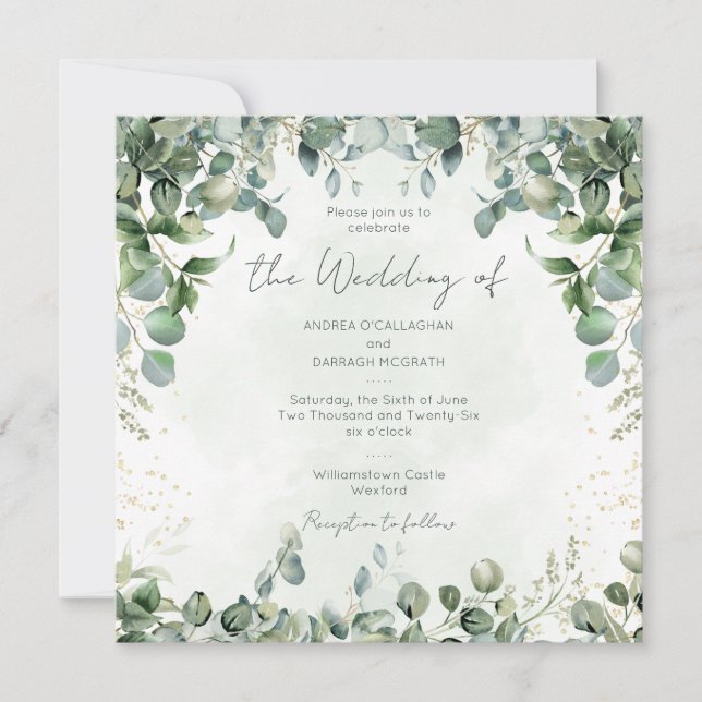 Convite Eucalyptus Wedding Invitation Square 1001  (Frente)