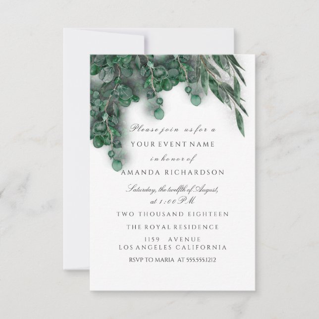Convite Eucalyptus White Bridal Woodland Rustic (Frente)