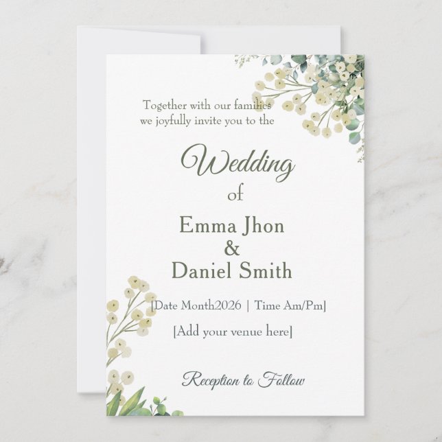 Convite Eucalyptus & White Florals Botanical Wedding  (Frente)