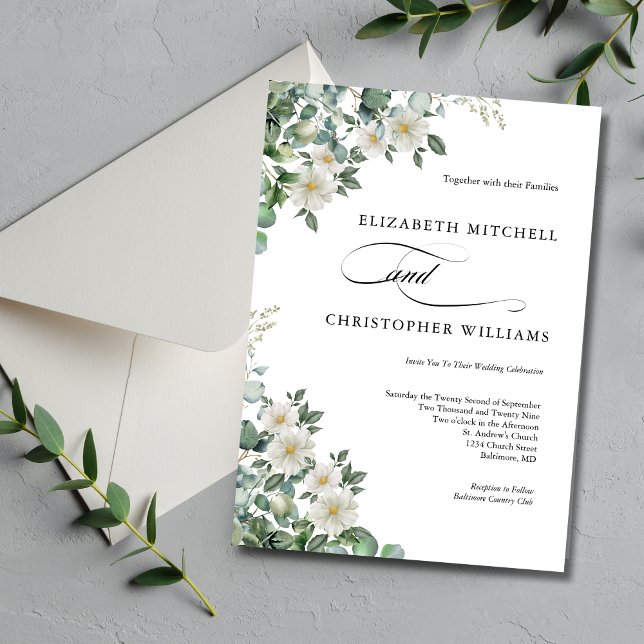 Convite Eucalyptus White Flowers Greenery Elegant Wedes (Eucalyptus and White Floral Watercolor Elegant Modern Trendy Wedding Invitation)