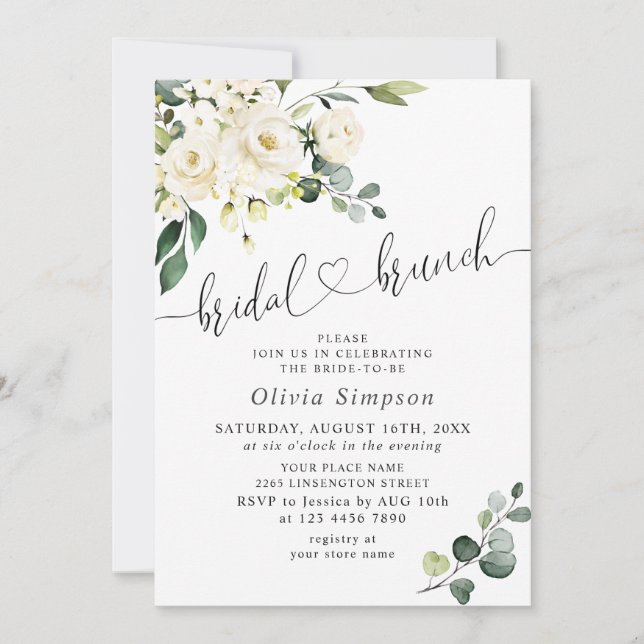 Convite Eucalyptus White Roses Bridal Brunch (Frente)