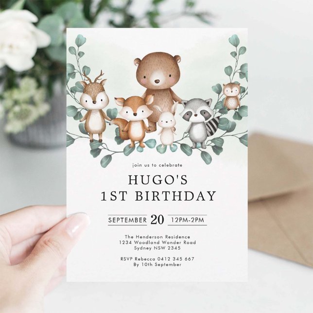 Convite Eucalyptus Woodland Animal primeiro aniversario ve (Criador carregado)