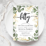 Convite Eucalyptus Wreath 50ª Festa de aniversário<br><div class="desc">50º Convite de aniversário. Design floral elegante em branco verde e ouro brilhante. Design clássico moderno com cores aquáticas pintadas manualmente, verduras e roteiros de eucalipto eucalipto. Perfeito para uma comemoração de na moda 50 dias. Personalize com seus próprios detalhes. Pode ser personalizado para qualquer idade! Impressos convites Zazzle ou...</div>