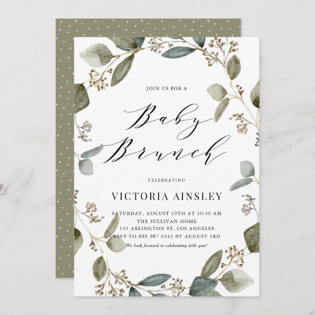 Convite Eucalyptus Wreath Chá de fraldas Brunch (Frente/Verso)