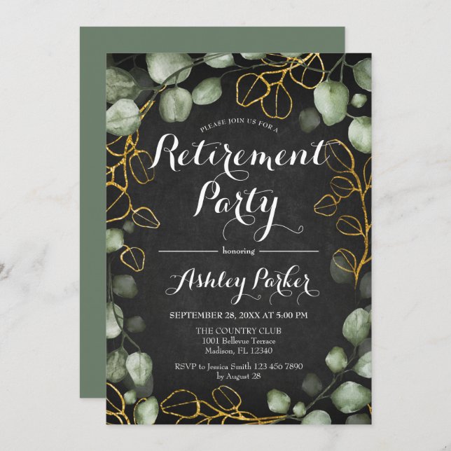 Convite Eucalyptus Wreath Chalkboard Retirement Party (Frente/Verso)