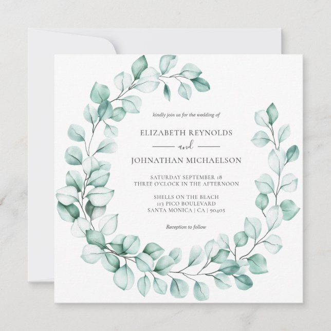 Convite Eucalyptus Wreath Greenery Elegante Watercolor (Frente)