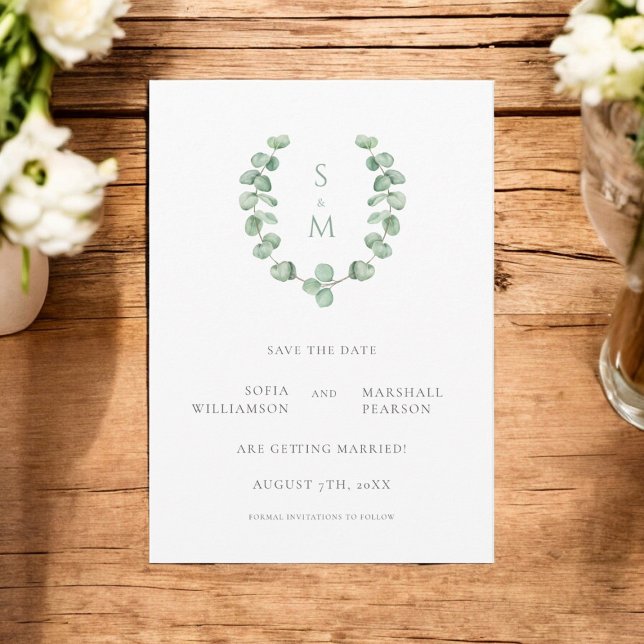 Convite Eucalypus monograma, salvar data (beautiful clean monogram save the date with green folage 
)
