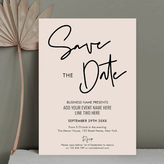 Convite Evento Comercial do Modern Boho Beige Salvar a Dat (Add your event details, customize the colors and make stylish save the date cards for your business)