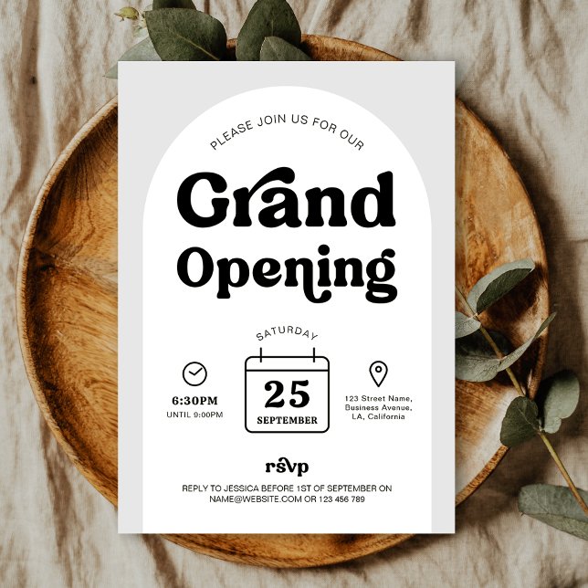 Convite Evento de abertura da nova loja Retro Trendy Arch (Trendy Business Grand Opening invitation design, featuring retro fonts, arch background and icons)