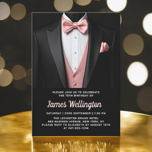 Convite Evento de aniversário de Tuxedo a Preto e Cor-de-R
