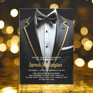 Convite Evento de aniversário de Tuxedo preto e Dourado