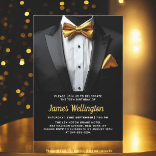 Convite Evento de aniversário de Tuxedo preto e Dourado