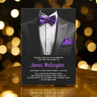 Evento de aniversário de Tuxedo preto e roxo