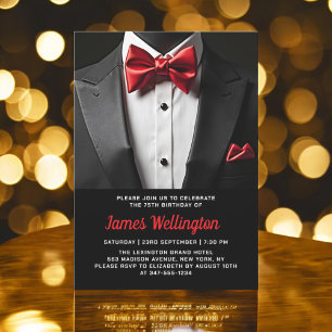 Convite Evento de aniversário de Tuxedo preto e vermelho